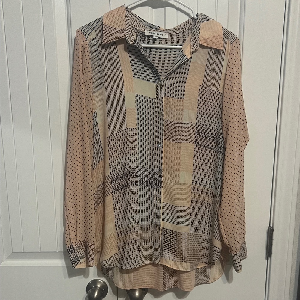 Rose & Olive Beige and Black Button Down Shirt